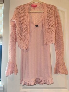 Dolls Kill Light Pink Knit Slip Dress with Matching Crochet Cardigan